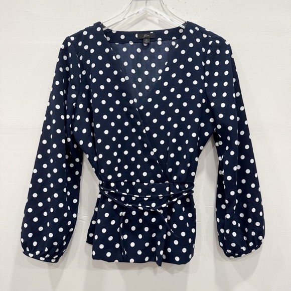J. Crew Drapey Crepe Faux Wrap Polka Dot Top Blouse Medium Navy L8102 - Picture 1 of 9
